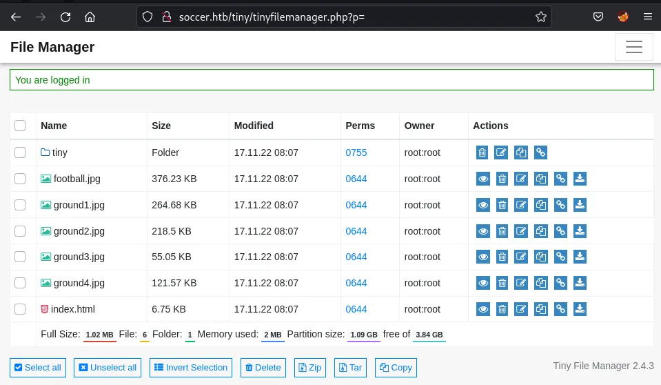 The Tiny File Manager's landing page shows all the soccer website's static assets.