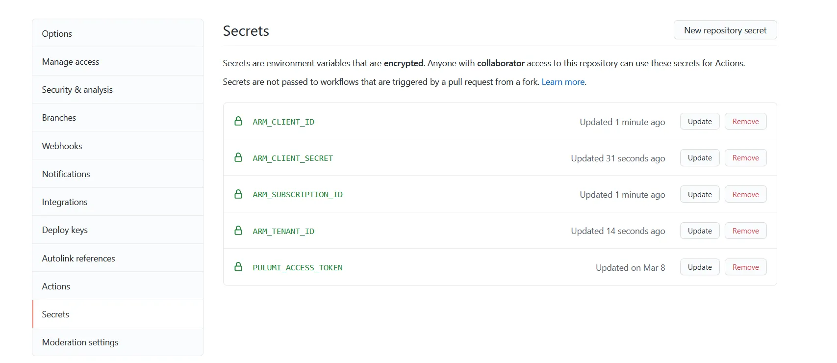 Github secrets config