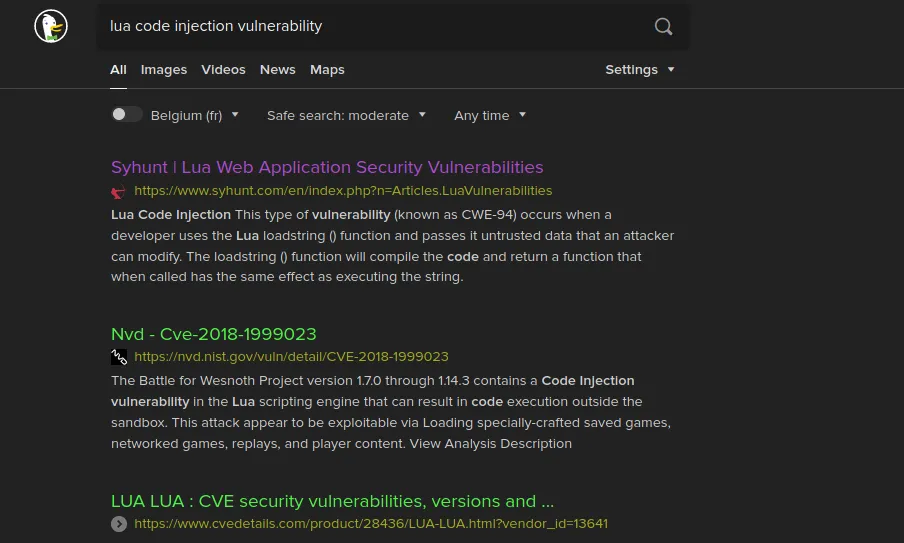 DuckDuckGo Searching For Lua Code Injection