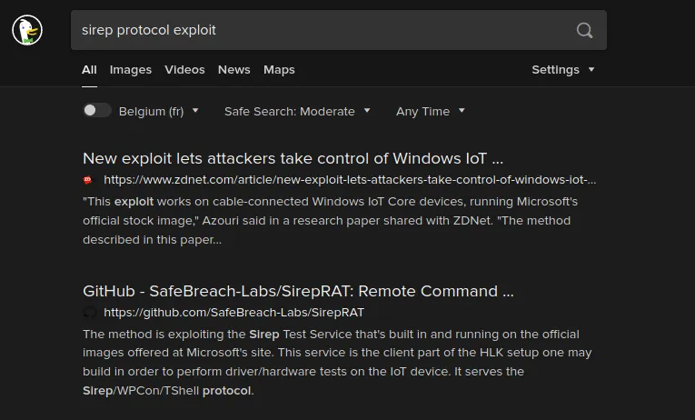 DuckDuckGo Sirep Protocol Search Results